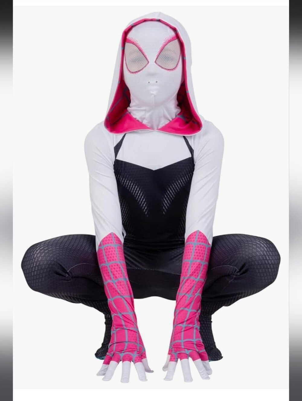 Spider Gwen Kids Superhero Hooded Jumpsuit in White, Black and Pink Size L - Picture 7 of 16